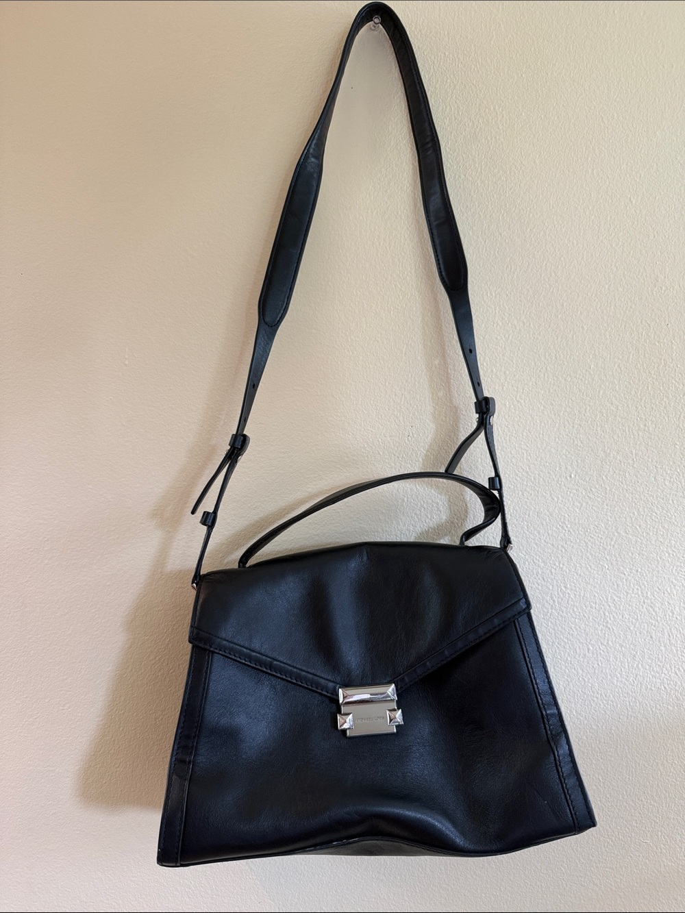 Michael Kors Black Leather Satchel with Silver-Tone Lock